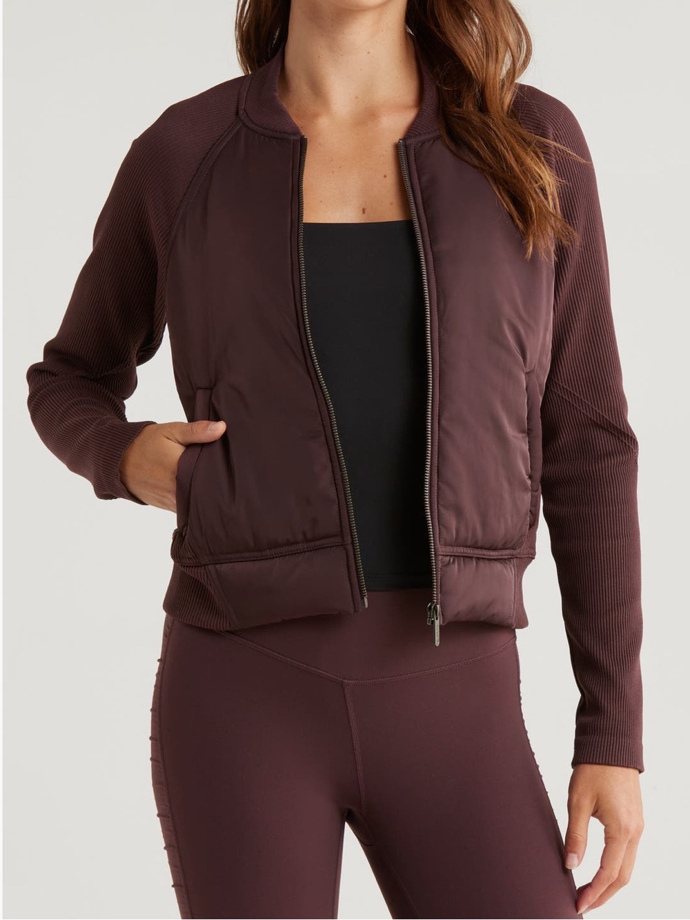 Zella Women’s Burgundy Fudge Seamless Mixed Media Bomber Jacket - Sz Large, NWT